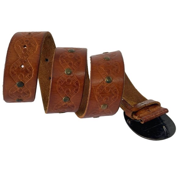 Linea Pelle Women's Belt Medium Brass Buckle Studs Tooled Leather Boho Western - Picture 7 of 13